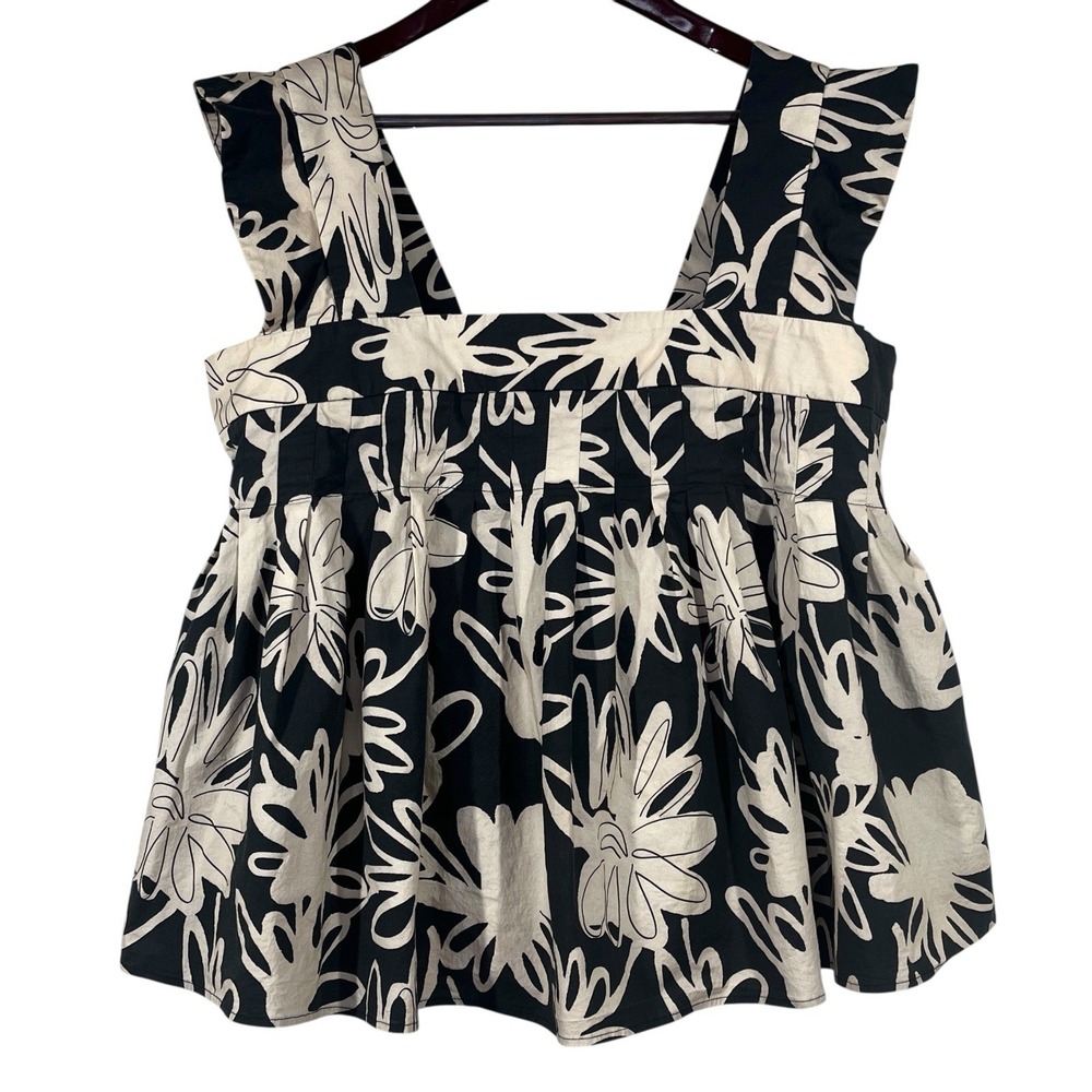 Piazza Sempione Drapy Sleeveles Top Size XL Black Floral Ruffle Pleated Beachy